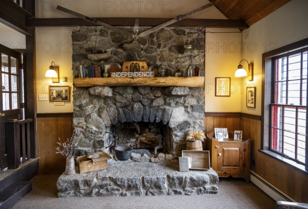 Interior view, fireplace in Manager's House, now Visitor Center, former Gold Mine Independence Mine