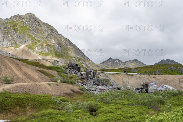 Mill, Crumbling buildings of the former Gold Mine Independence Mine in mountainous landscape,