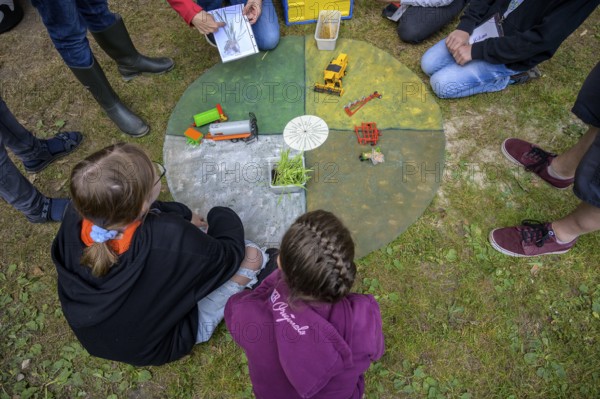 Children look at an agricultural model on the ground in a garden area, event for schoolchildren of