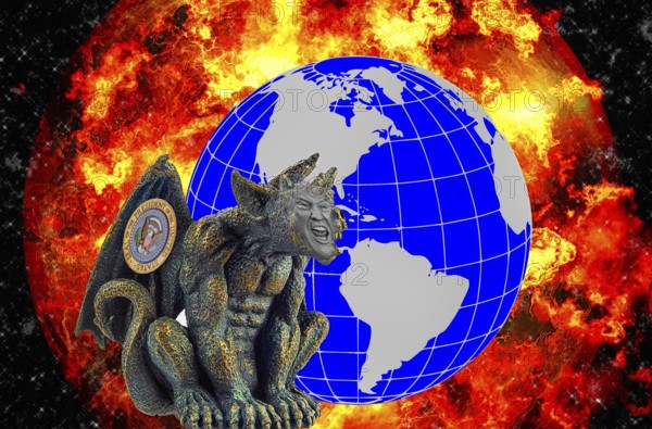 Symbolic image, Trump as a world demon, Europe and EU, South America, Venezuela, Canada, Greenland,