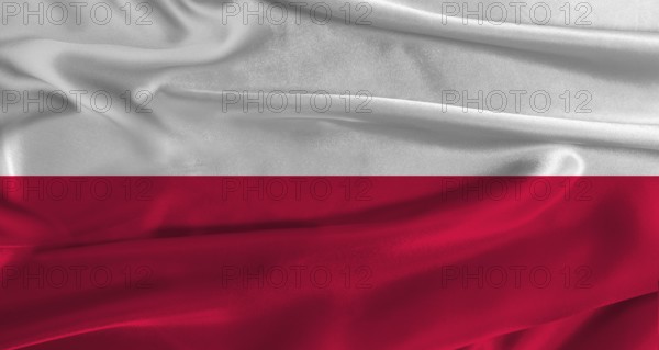 Flag of Poland with fabric textured background. Close up of National flag of Poland with realistic