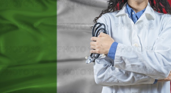 Healthcare professional with Italy flag background. Professional doctor holding stethoscope on