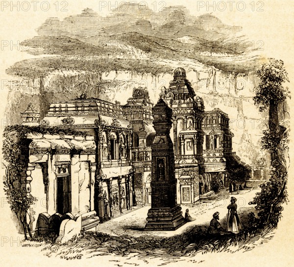 The Hindu Kailasa Temple of Ellora, or Kailash Temple, Rock Temple, Temple Complex, People, State