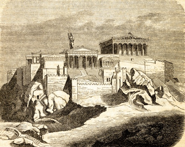 Acropolis, restored view, architecture, temple complex, rock hill, fortress, walls, statue, Athens,