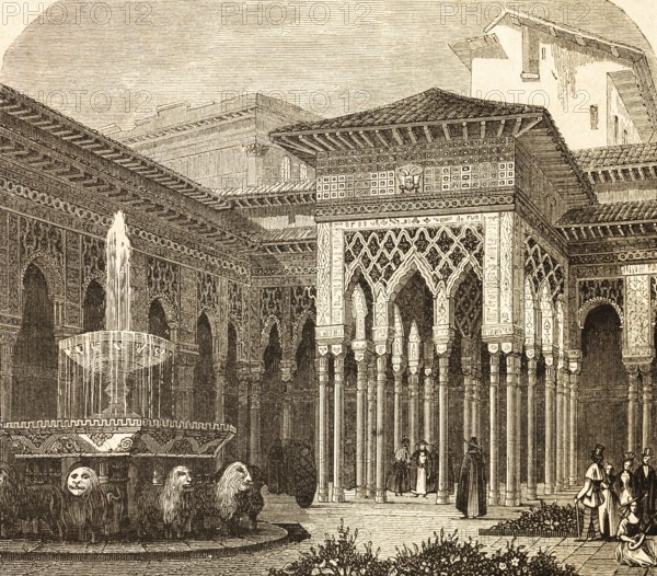 Partial view of the lion courtyard of the Alhambra, Granada, architecture, fountain complex, lion