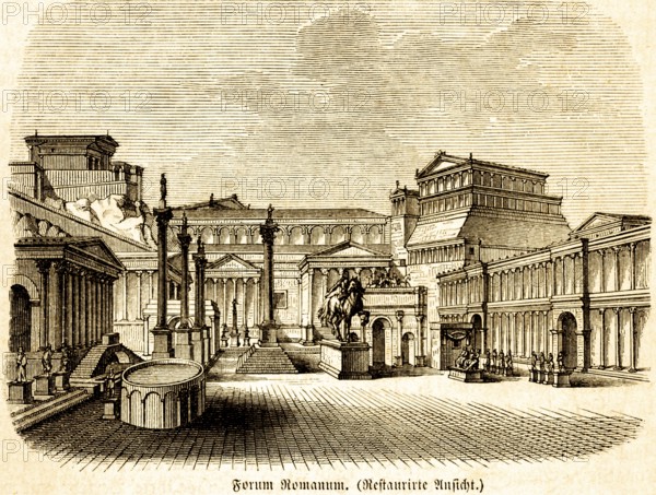 Roman Forum, restored view, architecture, central Roman marketplace, temple, columns, equestrian