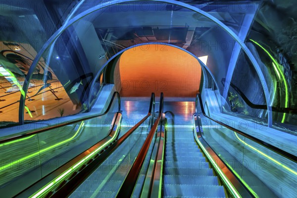 Escalator under the largest aquarium in Dohar, 6 million liters capacity, at the old port and the