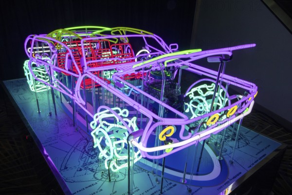 Detroit, Michigan USA - 14 January 2026 - A car made from neon glass tubing by artist Kory Sherer