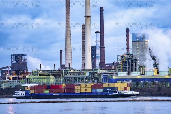 Shipping traffic on the Rhine near Duisburg-Bruckhausen, industrial setting of the ThyssenKrupp