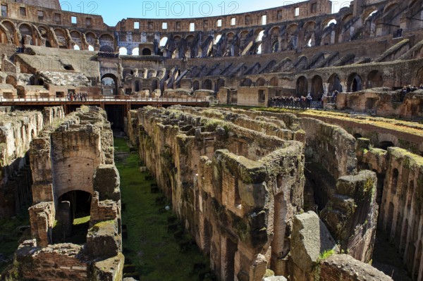 View of exposed hypogeum substructure brick walls from Arena Hypogeum of Colosseum from the time of