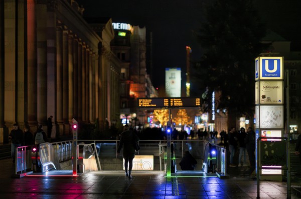 Night view, Königsstraße, Königsbau, entrance to the underpass to the subway station Schlossplatz