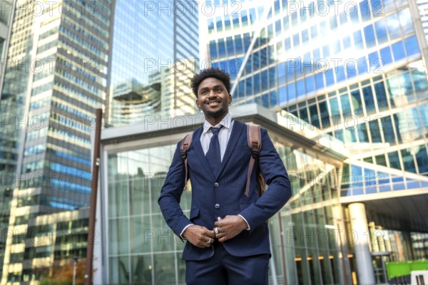 Young african american businessman smiling, looking ahead while standing confidently with a