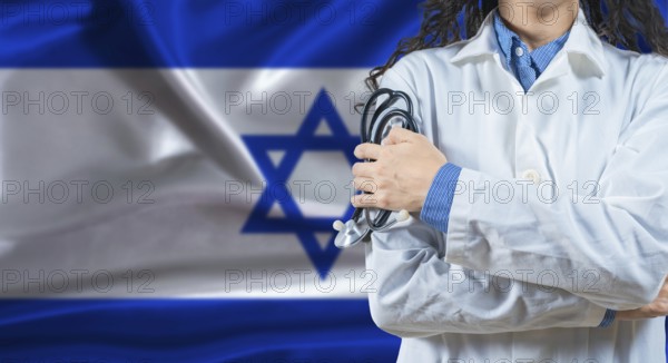 Healthcare professional with Israel flag background. Professional doctor holding stethoscope on