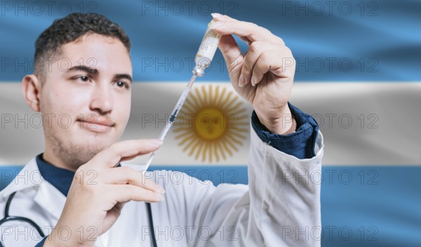 Doctor holding syringe on Argentina flag background. Medical professional holding syringe with