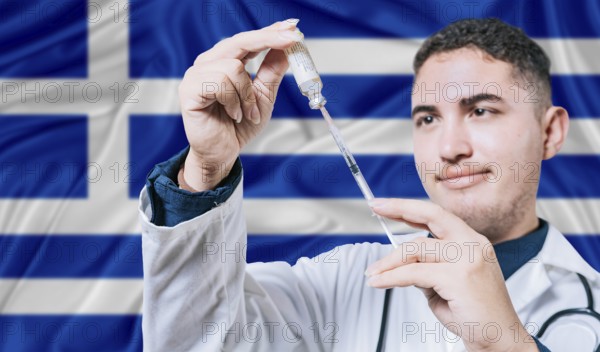 Doctor holding syringe on Greece flag background. Medical professional holding syringe with Greek