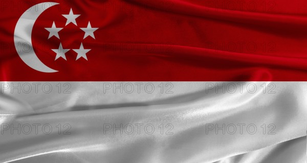 Flag of Singapore with fabric textured background. Close up of National flag of Singapore with