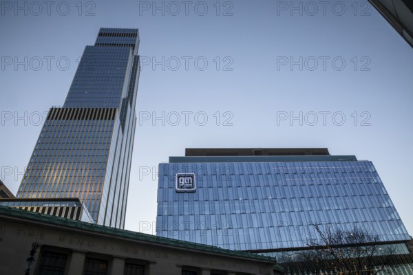 Detroit, Michigan - General Motors' new headquarters (right) in the Hudson's Detroit development.