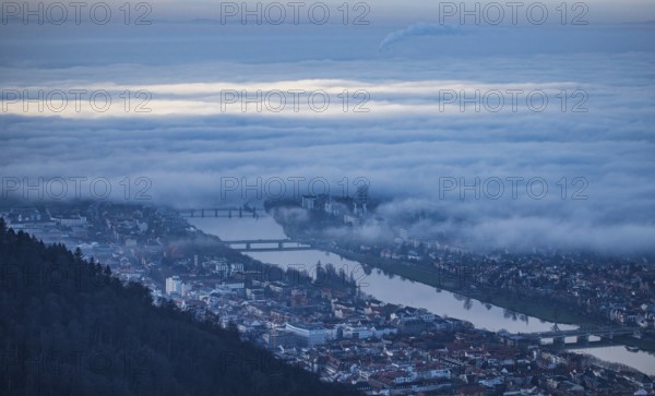 Aerial view of the city of Heidelberg on the Neckar, fog landscape of low-hanging clouds and fog