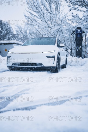 White electric car in a snowy landscape next to a charging station, Tesla Model Y electric car,