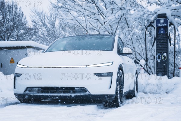 White electric car covered with snow next to a charging station in winter scenery, Tesla Model Y
