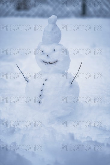A humorous snowman with twig arms and button-like smile in the snow, Waldachtal, Freudenstadt