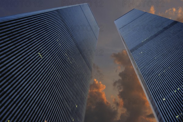 Towers from the World Trade Center, evening sky, September 2000, New York City, USA, historical