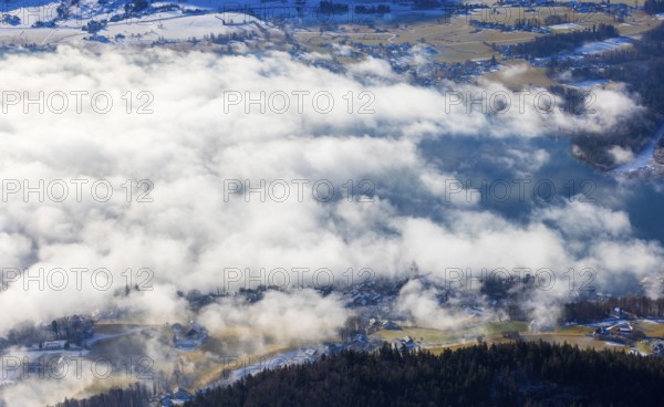 View of a sea of fog from Vormauerstein, Sankt Wolfgang am Wolfgangsee, church tower rising out of