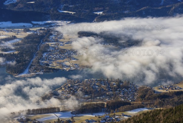 View of a sea of fog from Vormauerstein, Sankt Wolfgang am Wolfgangsee, inversion weather,