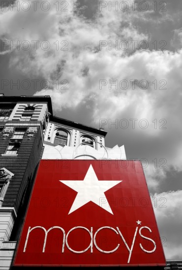 Macy's advertising sign, the biggest department store in the world, black and white, New York City,