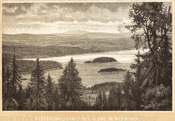 Norwegian coastal landscape near Kleve, view of a fjord, wooded islands, mountainous landscape,