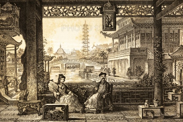 Palace in Beijing, China, view of river landscape, bridge, two distinguished Chinese people, man,