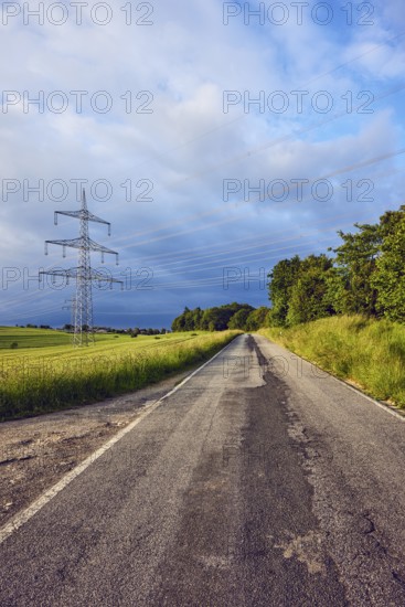 Landscape, road, high-voltage line, high-voltage mast, fields, trees, bushes, meadow, cloudy,