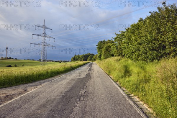 Landscape, road, high-voltage line, high-voltage mast, fields, trees, bushes, meadow, cloudy,