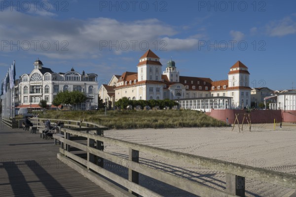 Spa hotel and beach, view from pier, Binz, seaside resort, Rügen island, Mecklenburg-Western