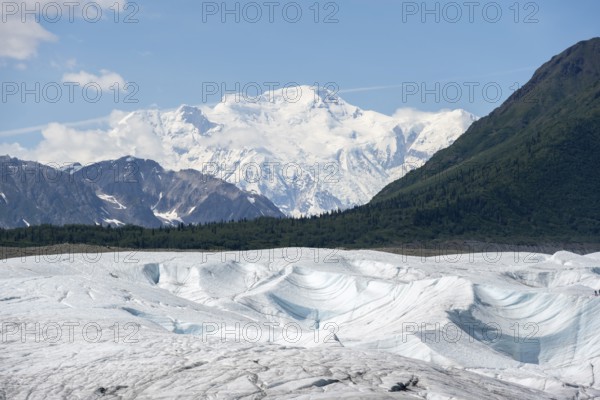 Root Glacier glacier and mountain peak Mount Blackburn, Wrangell St. Elias National Park, Alaska,
