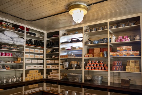 Interior view, historic restored Kennicott shopping store with historic goods display, retro food