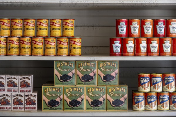 Interior view, historic restored Kennicott shopping store with historic goods display, retro food