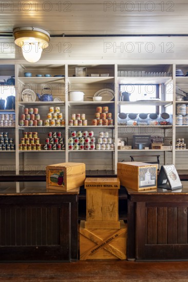 Interior view, historic restored Kennicott shopping store with historic goods display, Historic