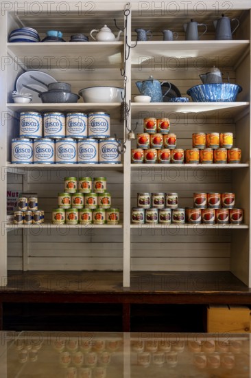 Interior view, historic restored Kennicott shopping store with historic goods display, retro food