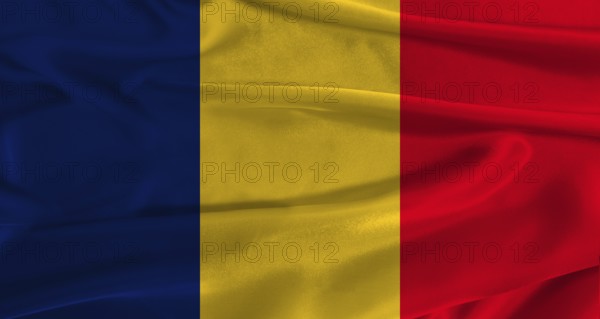 Flag of Chad with fabric textured background. Close up of National flag of Chad with realistic