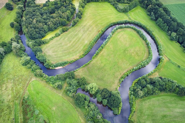 Aerial view of the Hunte river course, river, natural, Meander, Großenkneten, Lower Saxony, Germany