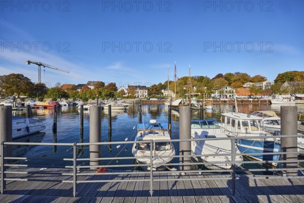 Harbour, quay, jetty, motor boats, duckdalbes, harbor basin, general architecture, crane, trees,