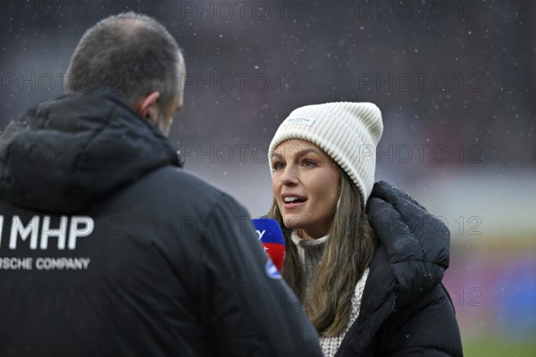 SKY reporter presenter Mara Mones wears cap in interview microphone micro logo with CEO managing
