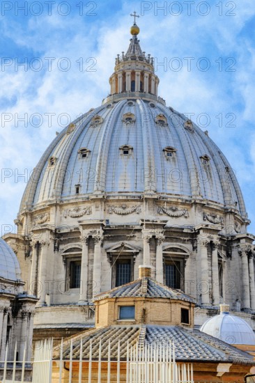 View of dome of St. Peter's Basilica built by Michelangelo, Vatican City, Vatican, Rome, Lazio,