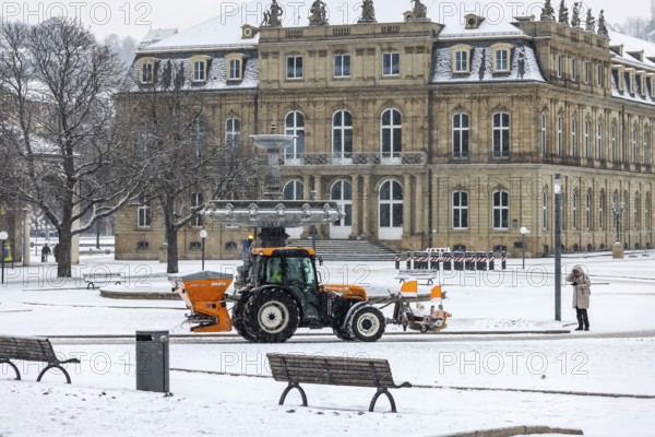 Winter in Stuttgart. There is a closed blanket of snow in the city center. Winter cleaning service