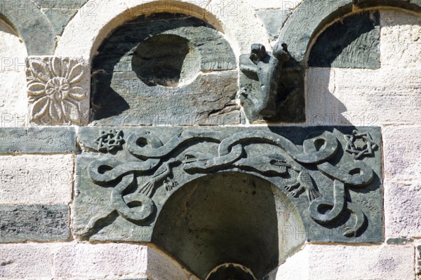 Details on the façade of the Romanesque Pisan church of San Michele de Murato, Bevinco Valley,
