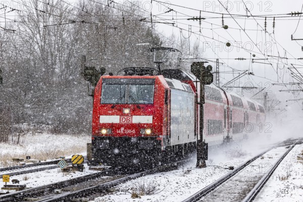 RegionalExpress RE on the road through a winter landscape in snowfall. A train on the line in the