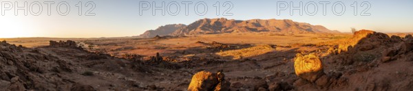 Desert landscape with Brandberg in morning light, at sunrise, Erongo, Damaraland, Namibia