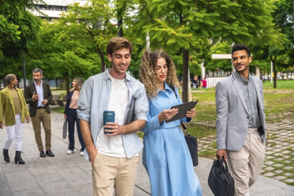 Group of diverse business professionals and entrepreneurs walking along a paved path in a green