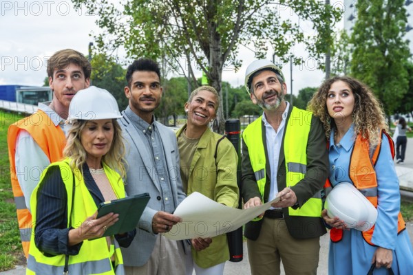 Multi ethnic team of engineers and architects in hard hats and safety vests reviewing blueprints on